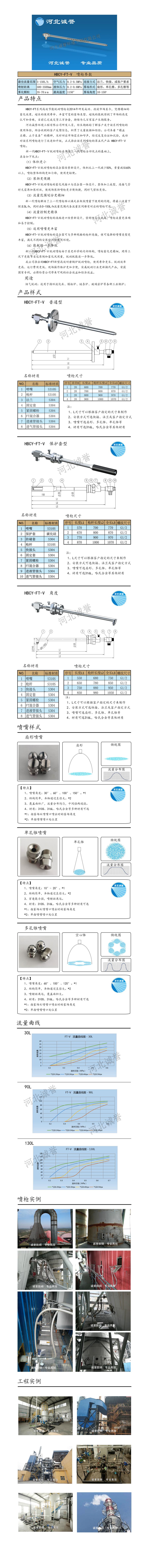 FT-V脫硝噴槍、保護(hù)套、噴槍參數(shù)、材質(zhì)尺寸、流量分布圖、扇形空心錐俯視圖介紹，以及噴槍霧化視頻展示和工程案例介紹