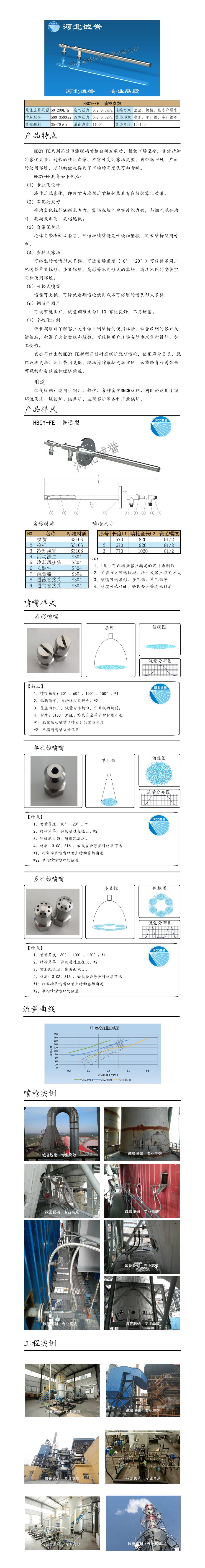 氨水噴槍、保護套、噴槍參數(shù)、材質尺寸、流量分布圖、扇形空心錐俯視圖介紹，以及噴槍霧化視頻展示和工程案例介紹